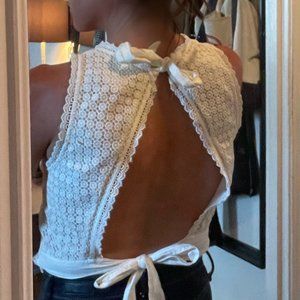 Cropped white eyelet sleeveless low cut top with open back - Size Small